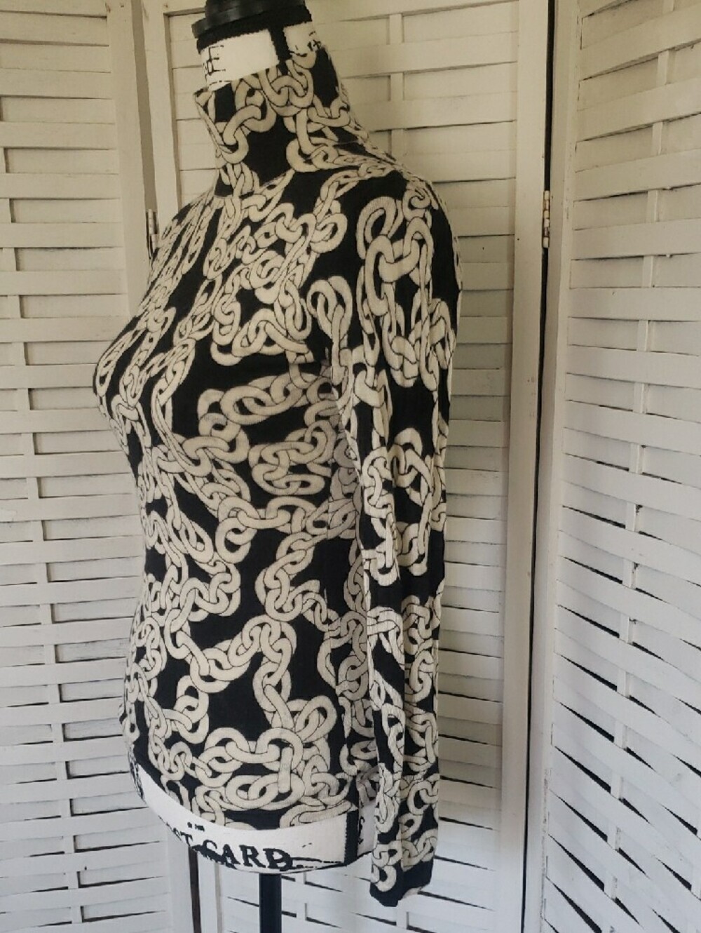 Diane Von Fustenberg Black & Cream Print Long Sleeve Turtleneck Top Size XS - Picture 2 of 5